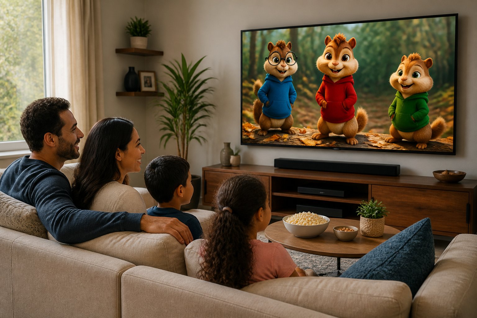 A family sitting on a sofa watching animated chipmunks on a large TV in a bright living room.