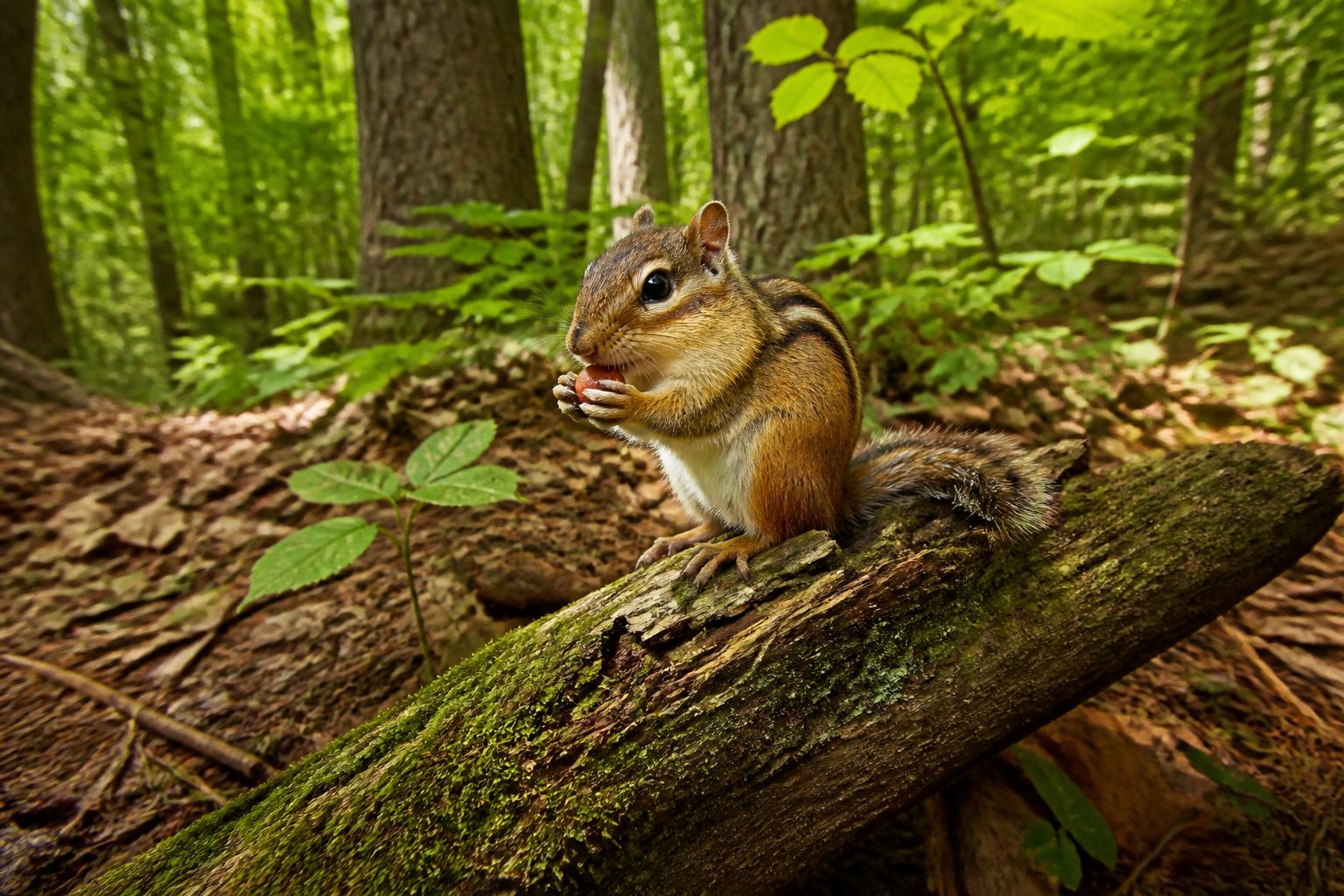 A chipmunk sitting on a mossy tree branch in a sunlit forest surrounded by green foliage.
