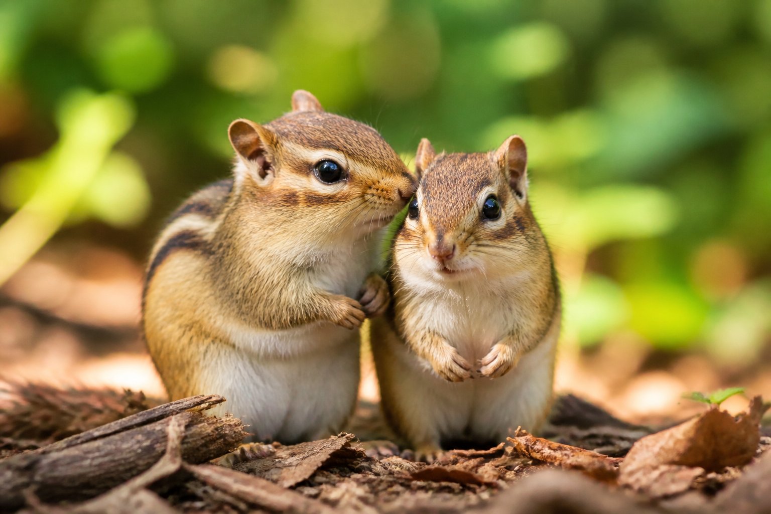 Two chipmunks sitting close together on a forest floor with green foliage in the background.