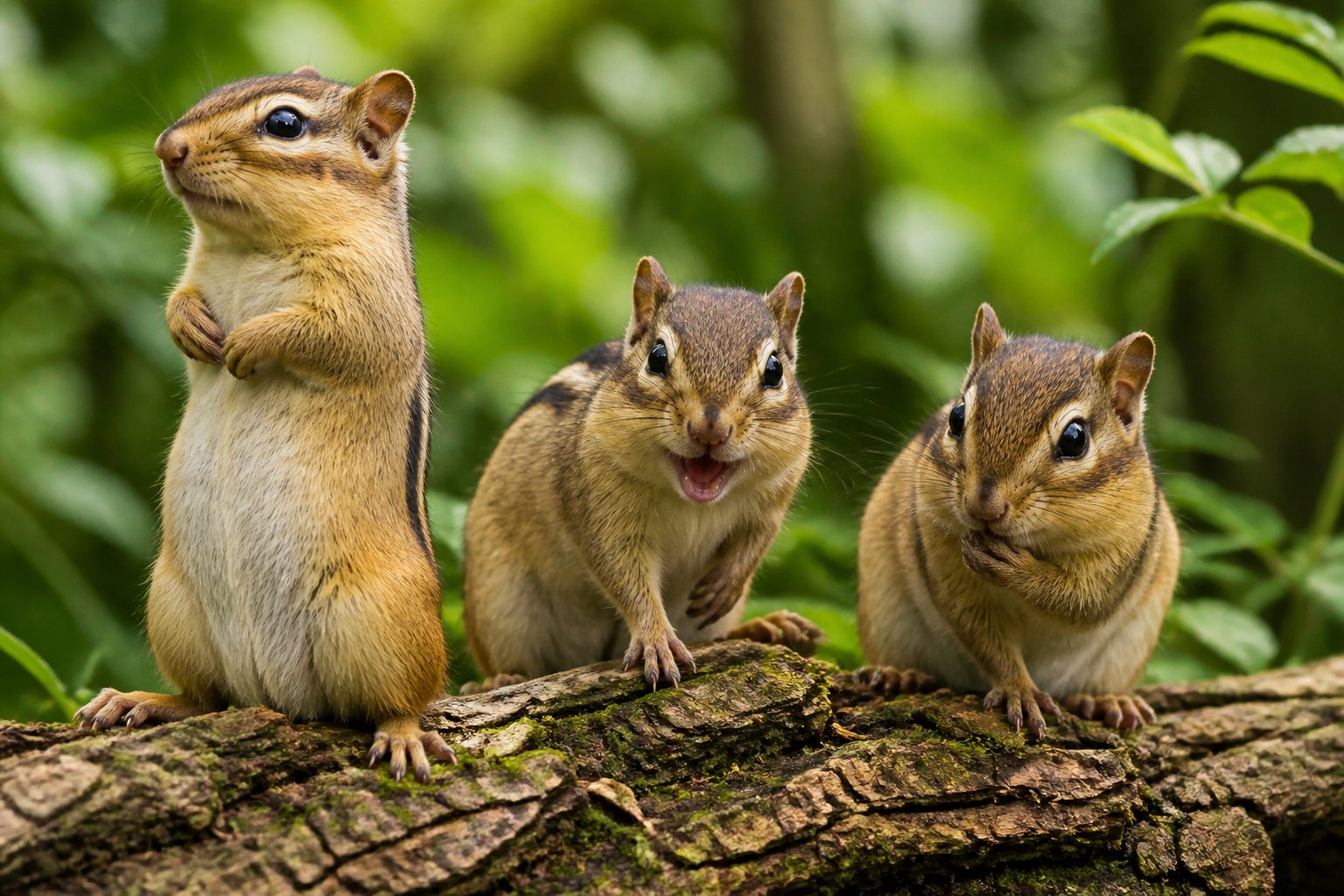 Three chipmunks sitting on a log in a forest, each showing different expressions.