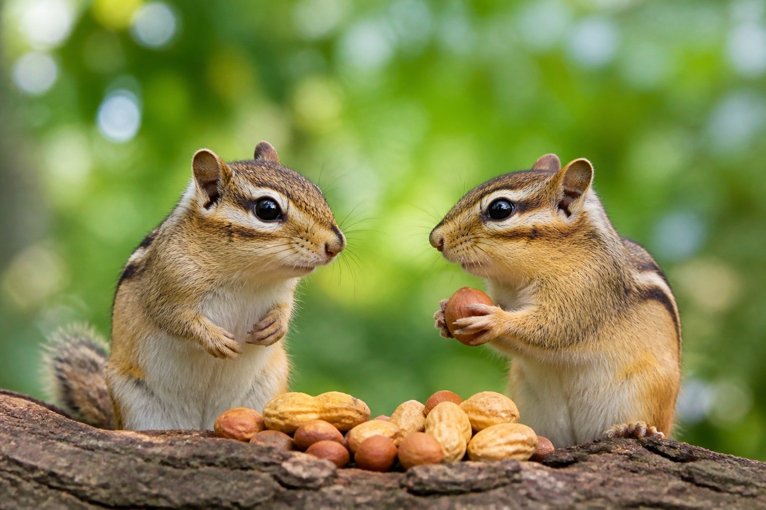 Two chipmunks close together on a tree branch in a forest setting, one looking attentively at the other.