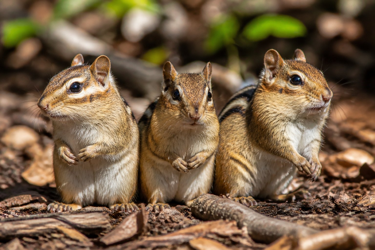 Three chipmunks sitting together on a forest floor with leaves and twigs.