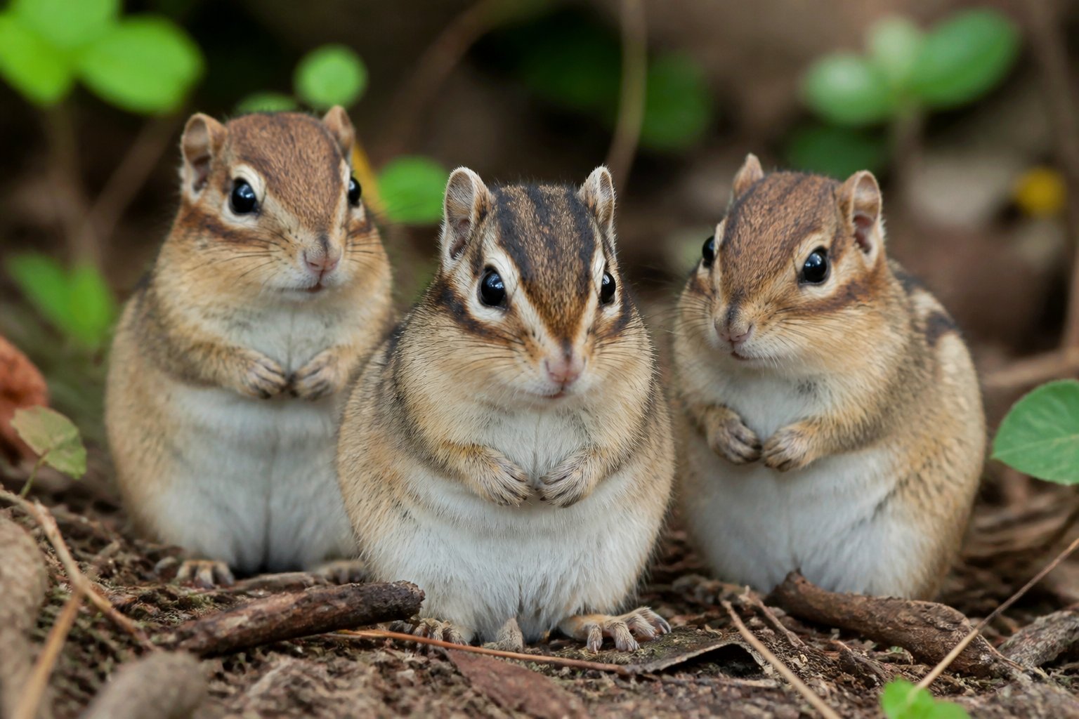 Three chipmunks sitting on a forest floor with green foliage in the background, one chipmunk clearly distinguishable from the others.