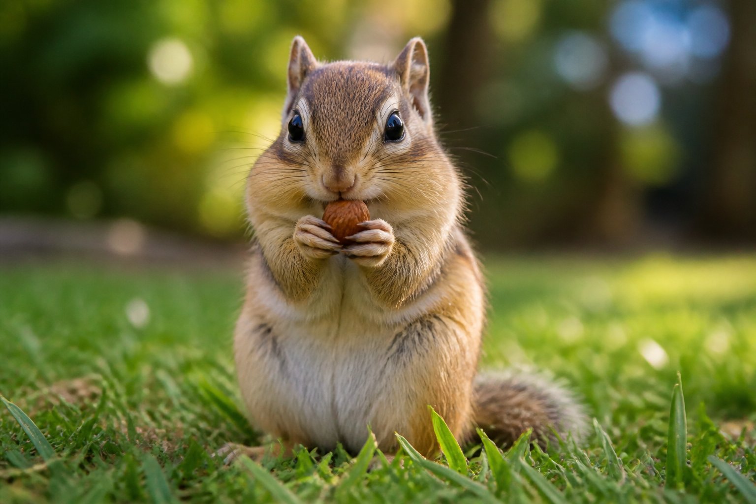 A small chipmunk sitting upright on grass holding a nut in its paws with trees in the background.