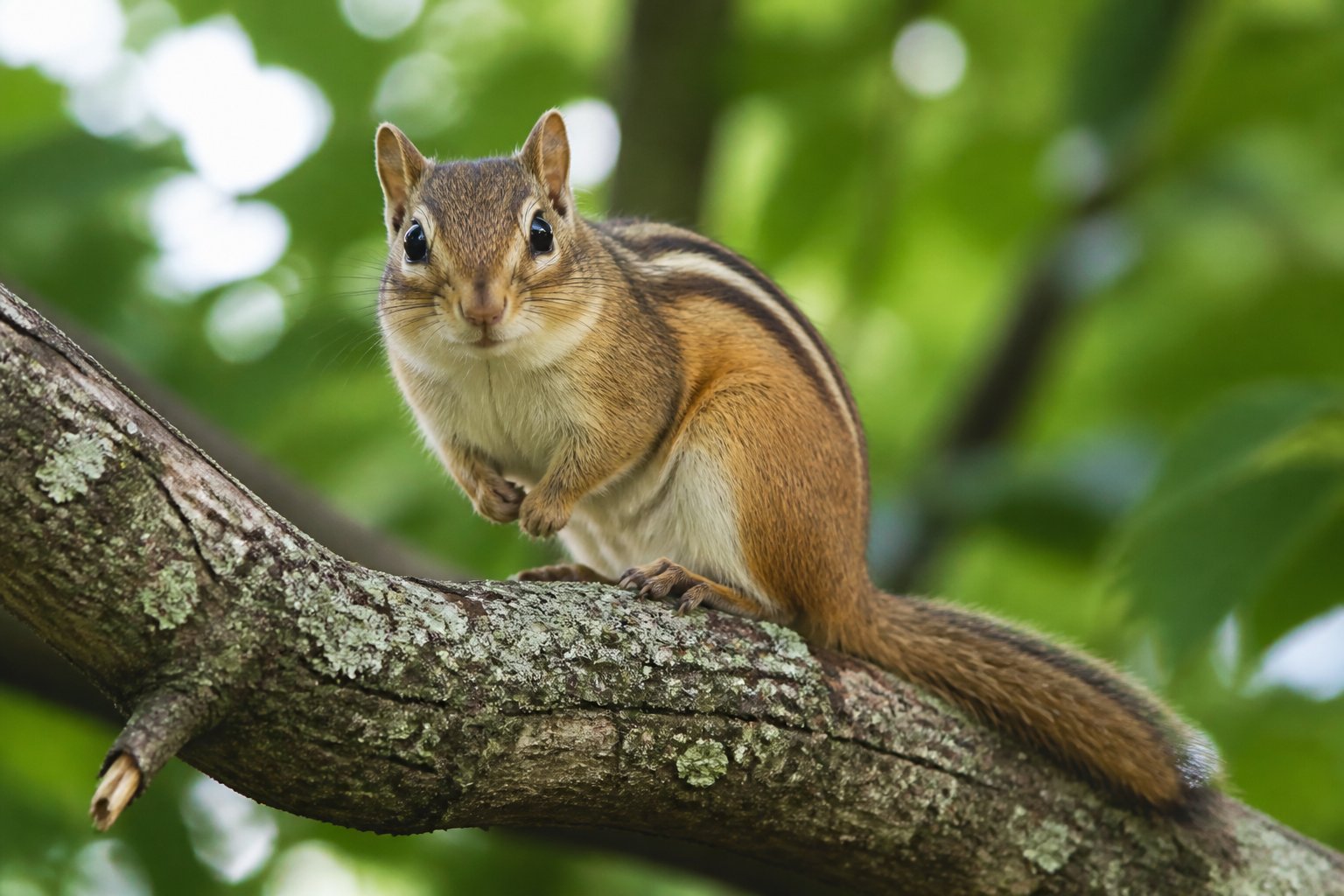 A chipmunk sitting on a tree branch in a forest with green leaves in the background.