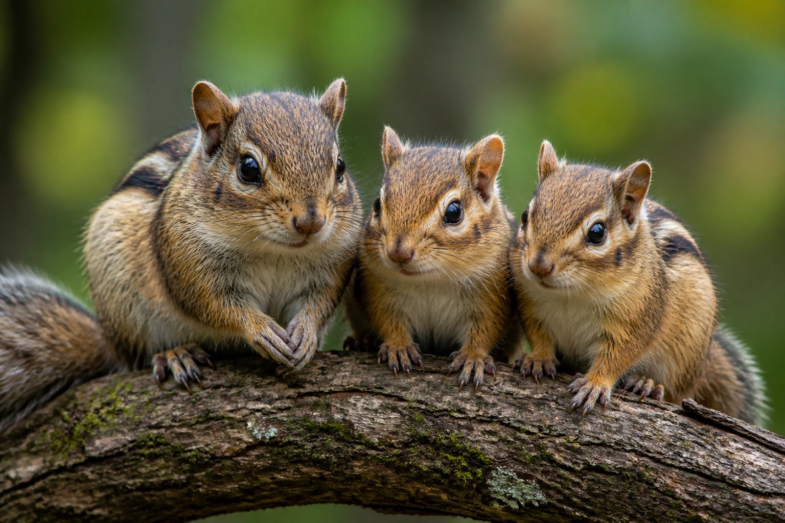Three chipmunks sitting on a branch in a forest, with one looking older than the others.