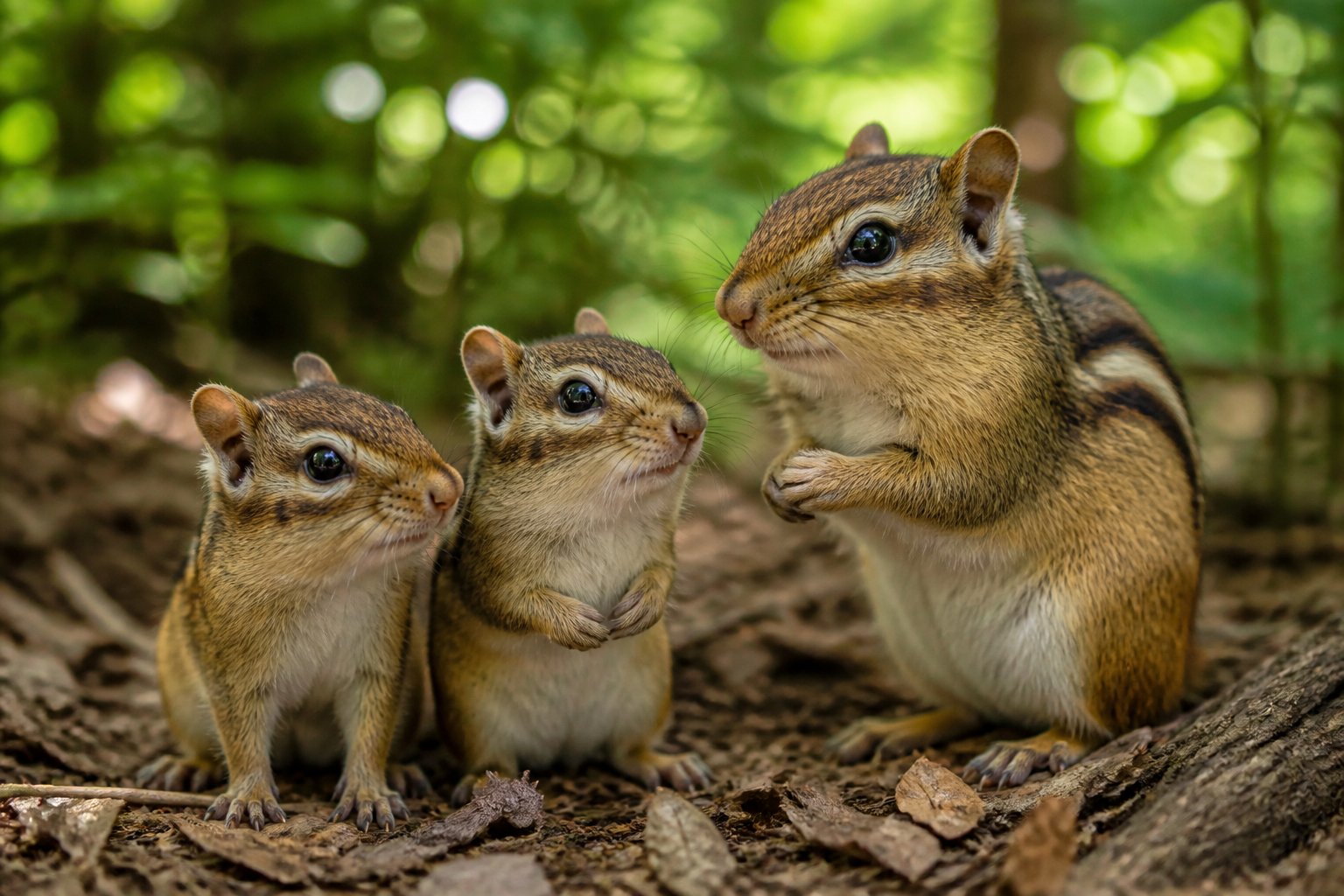 Three chipmunks sitting together on a forest floor with leaves and sunlight filtering through trees.