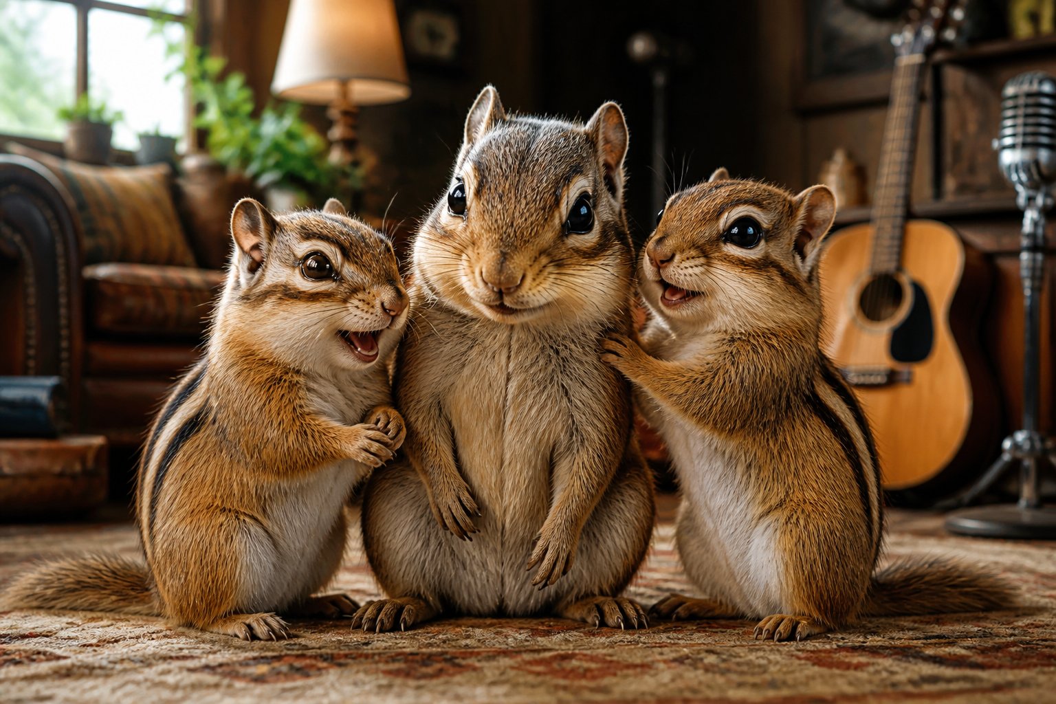 Three chipmunks of different ages sitting together in a cozy room with musical instruments in the background.