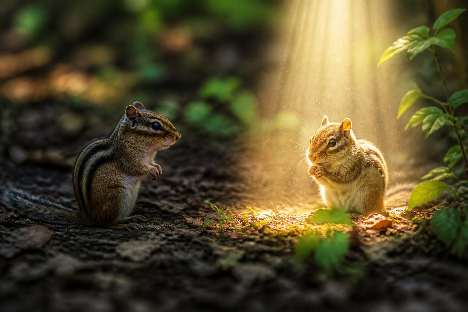 Two chipmunks on the forest floor, one under a bright beam of light and the other in the shade nearby.