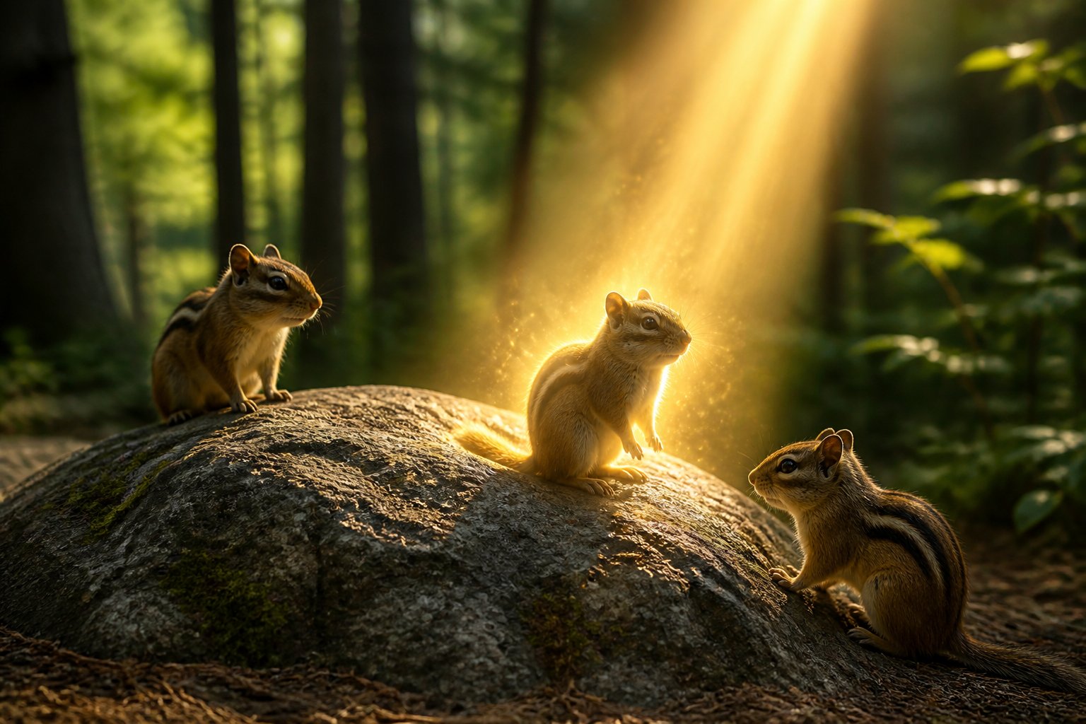 Three chipmunks in a forest clearing, one illuminated by a focused beam of light while the others are in normal sunlight.