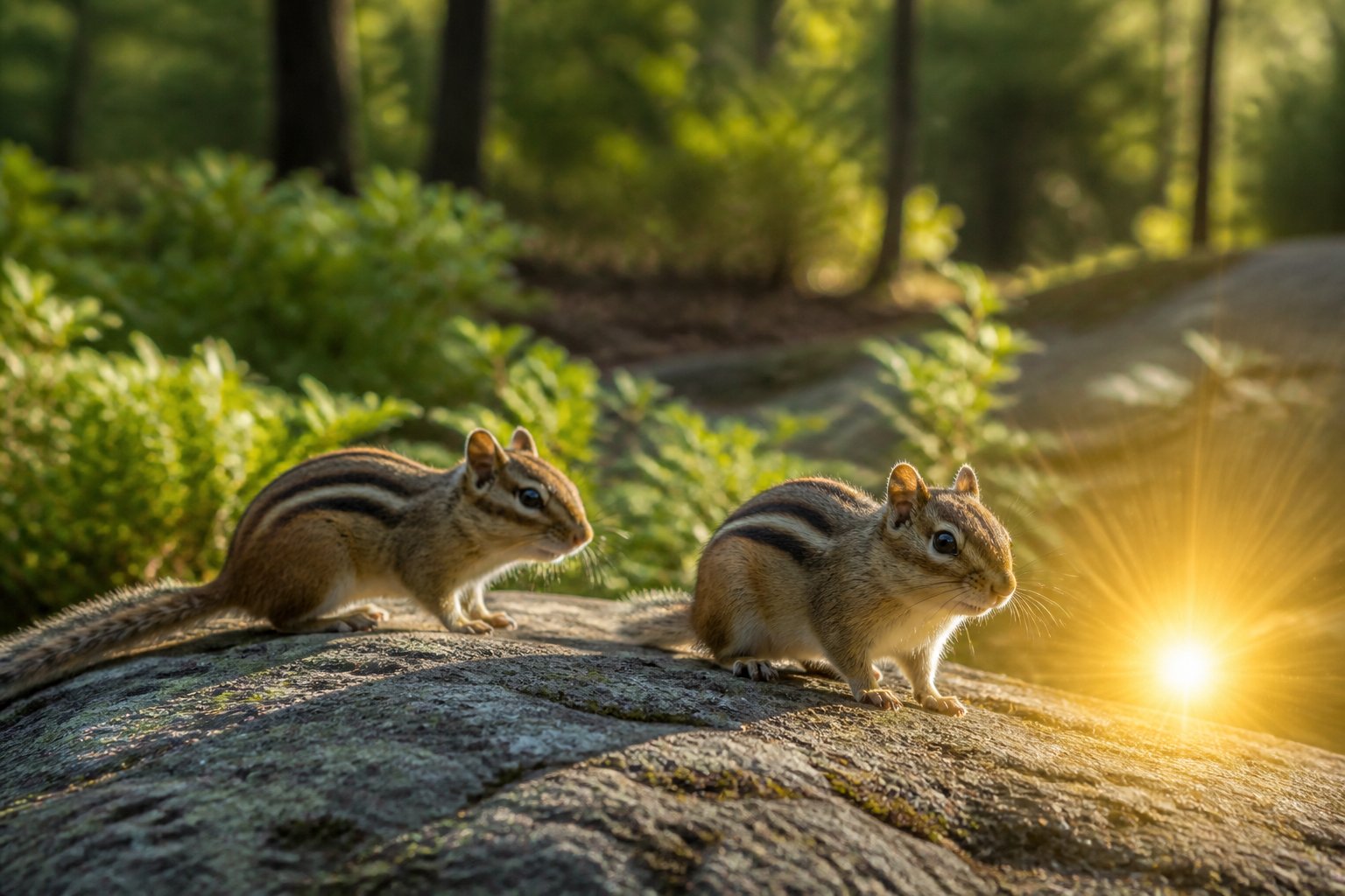 Two chipmunks on a sunlit rock in a forest clearing, with one chipmunk closer to a glowing light source.