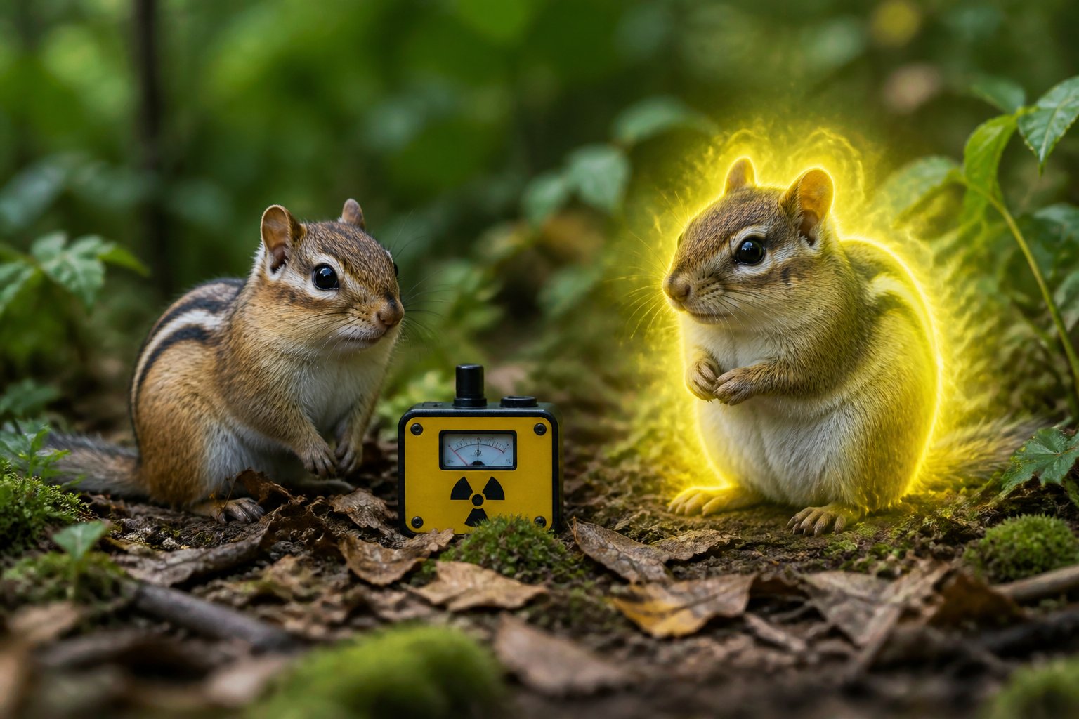 Two chipmunks near a small radiation measuring device in a forest setting, one chipmunk appears to be exposed to more radiation than the other.