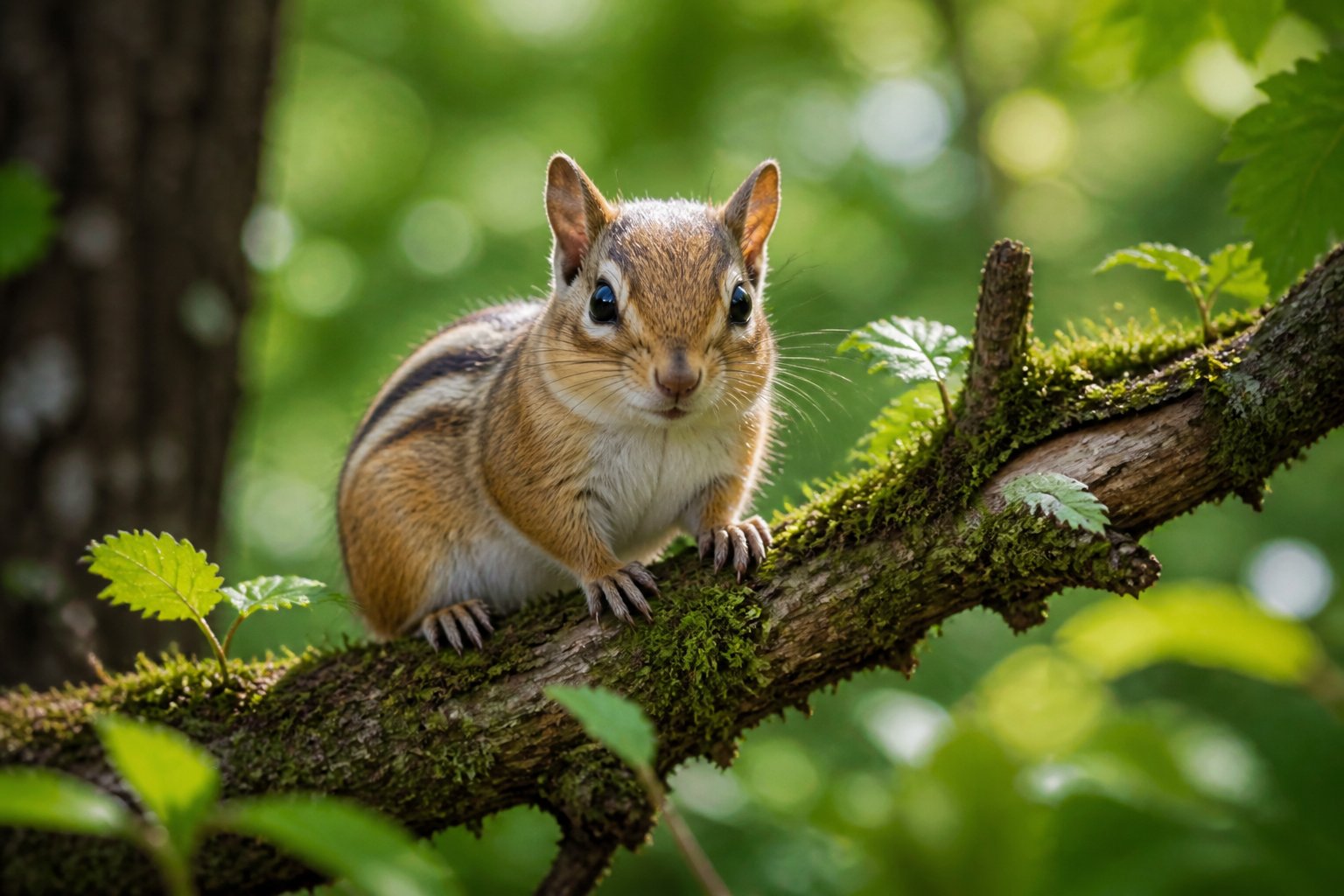 A chipmunk sitting on a mossy tree branch in a forest, looking towards the camera.