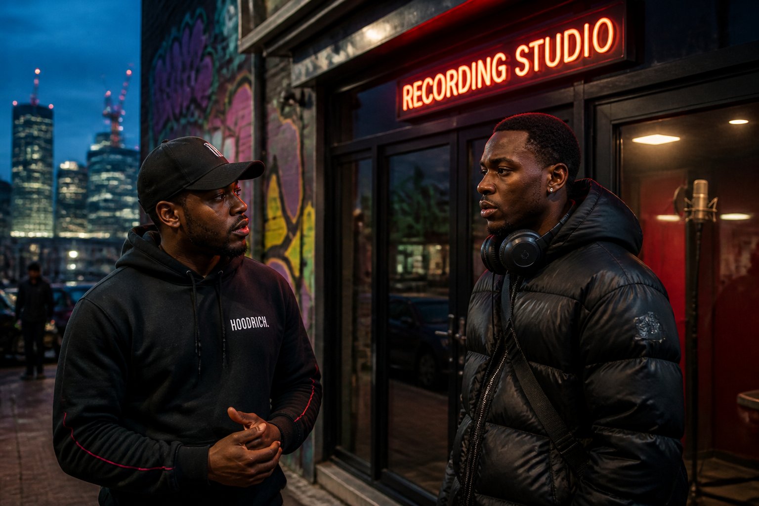 Two young Black male musicians having a serious conversation outside a recording studio in a city at dusk.
