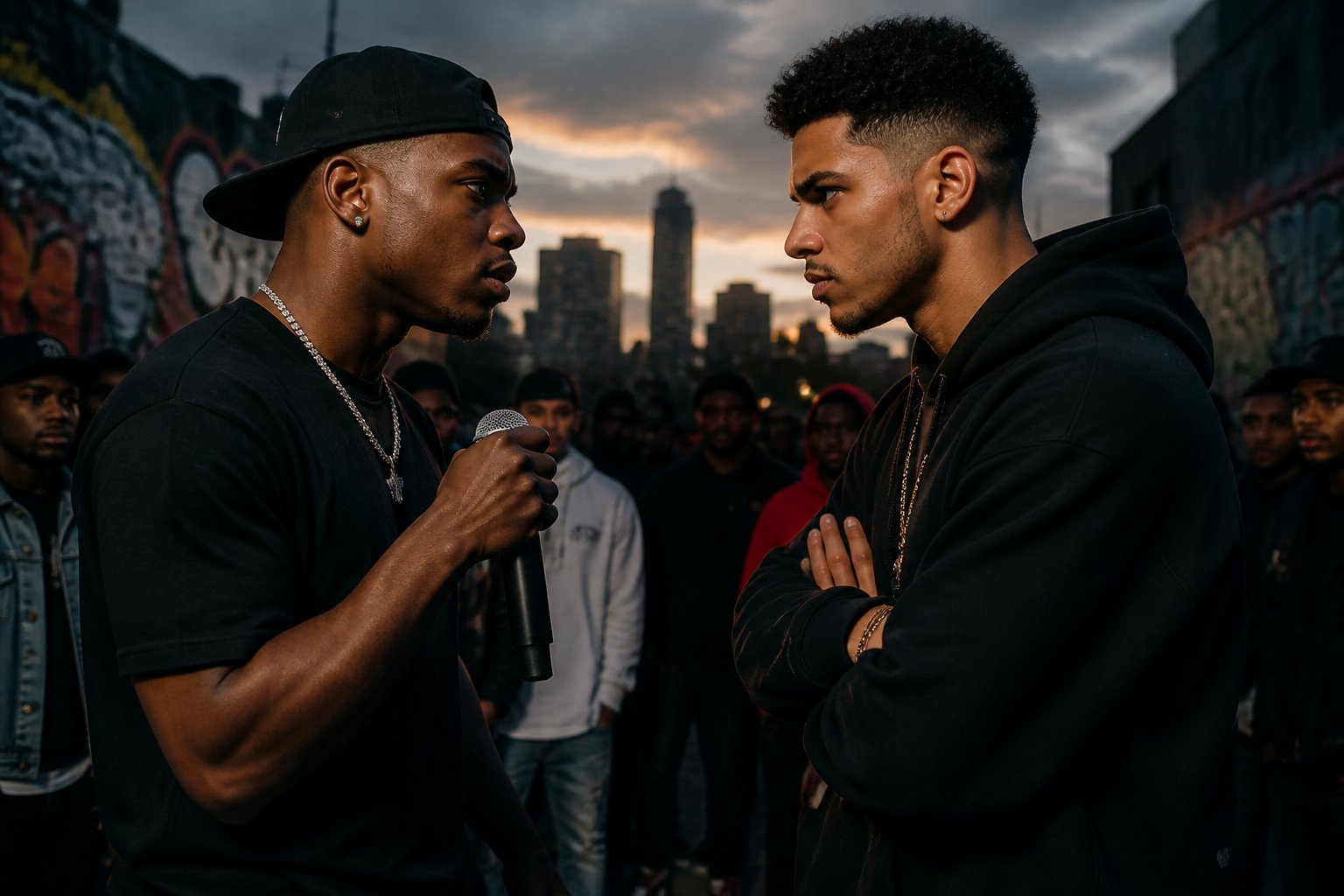 Two young male musicians facing each other with intense expressions in an urban setting, suggesting rivalry.