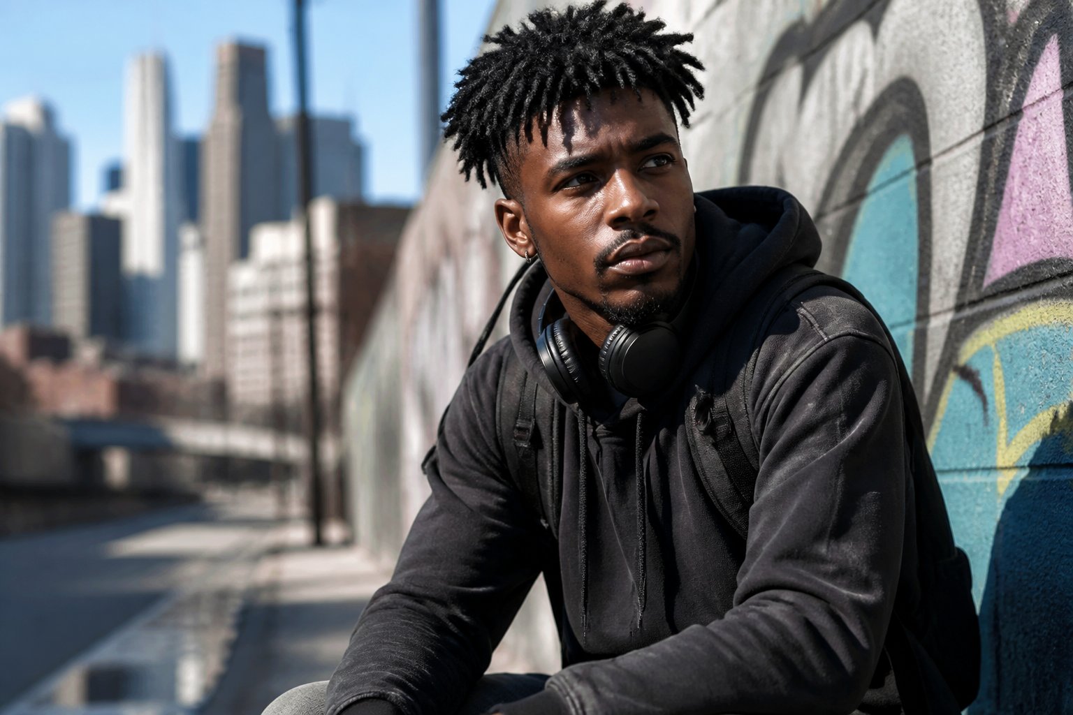 A young man with a serious expression in an urban environment with buildings and graffiti in the background.