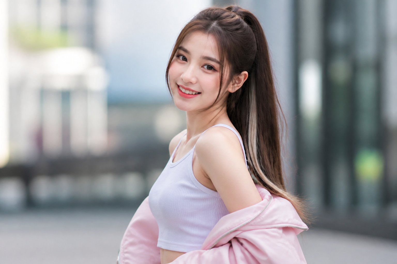 A young woman with a bright smile and modern hairstyle standing outdoors in a softly blurred urban setting.