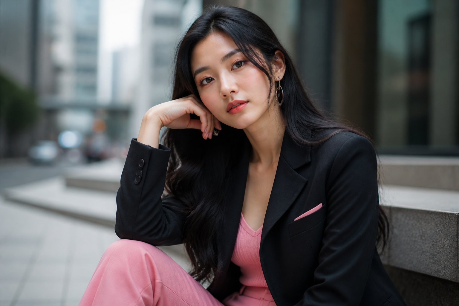 A confident young Asian woman with black hair in a stylish black and pink outfit standing in a softly blurred urban background.