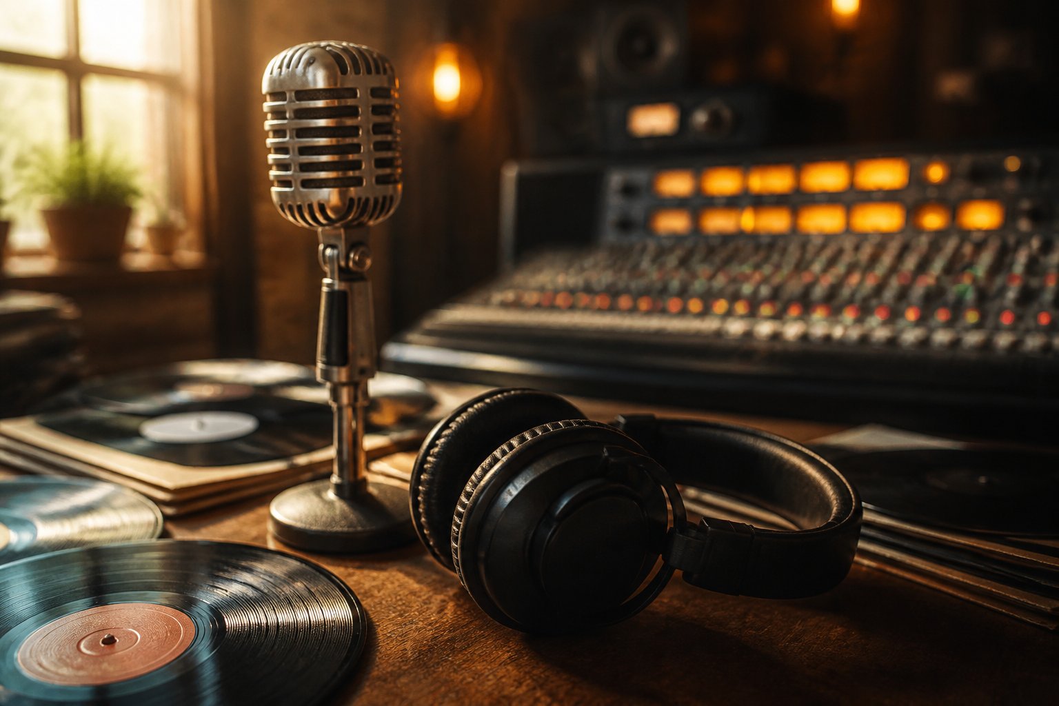 A music studio setup with a vintage microphone, headphones on a wooden table, and a mixing console with colorful lights in the background.