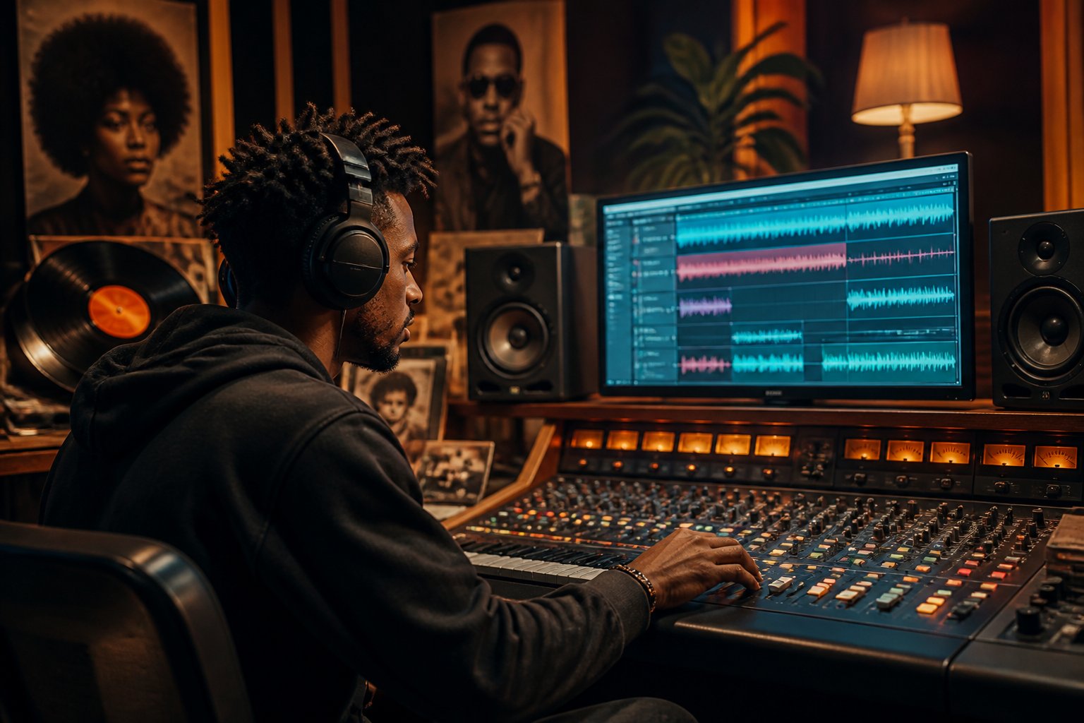 A music producer wearing headphones working at a mixing console in a recording studio surrounded by vinyl records and music equipment.