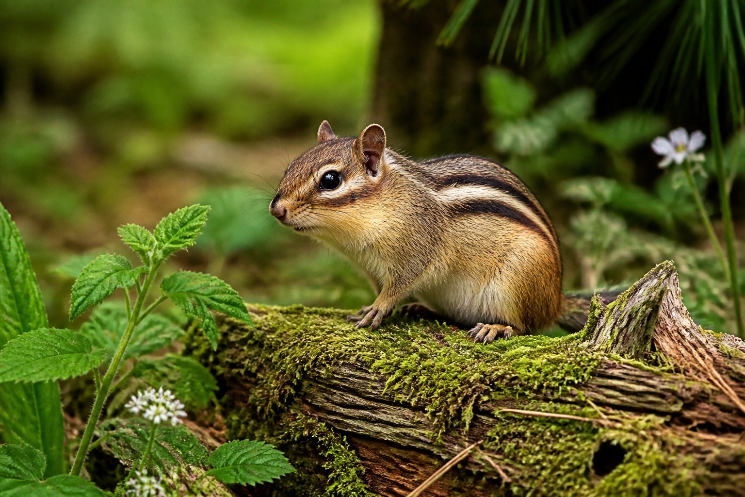 A chipmunk sitting on a mossy log in a forest surrounded by green plants and trees.