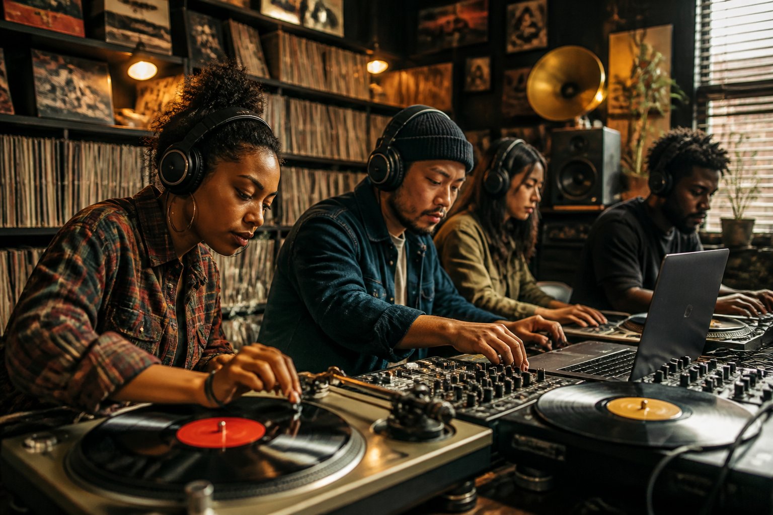 A group of young adults working together in a music studio surrounded by vinyl records and audio equipment.