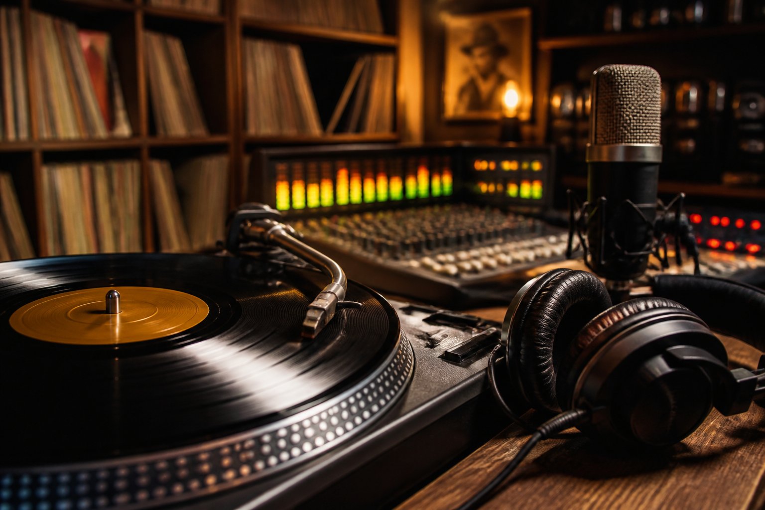 A music studio setup with a vinyl record on a turntable, headphones, a microphone, and a mixing console surrounded by shelves of records.