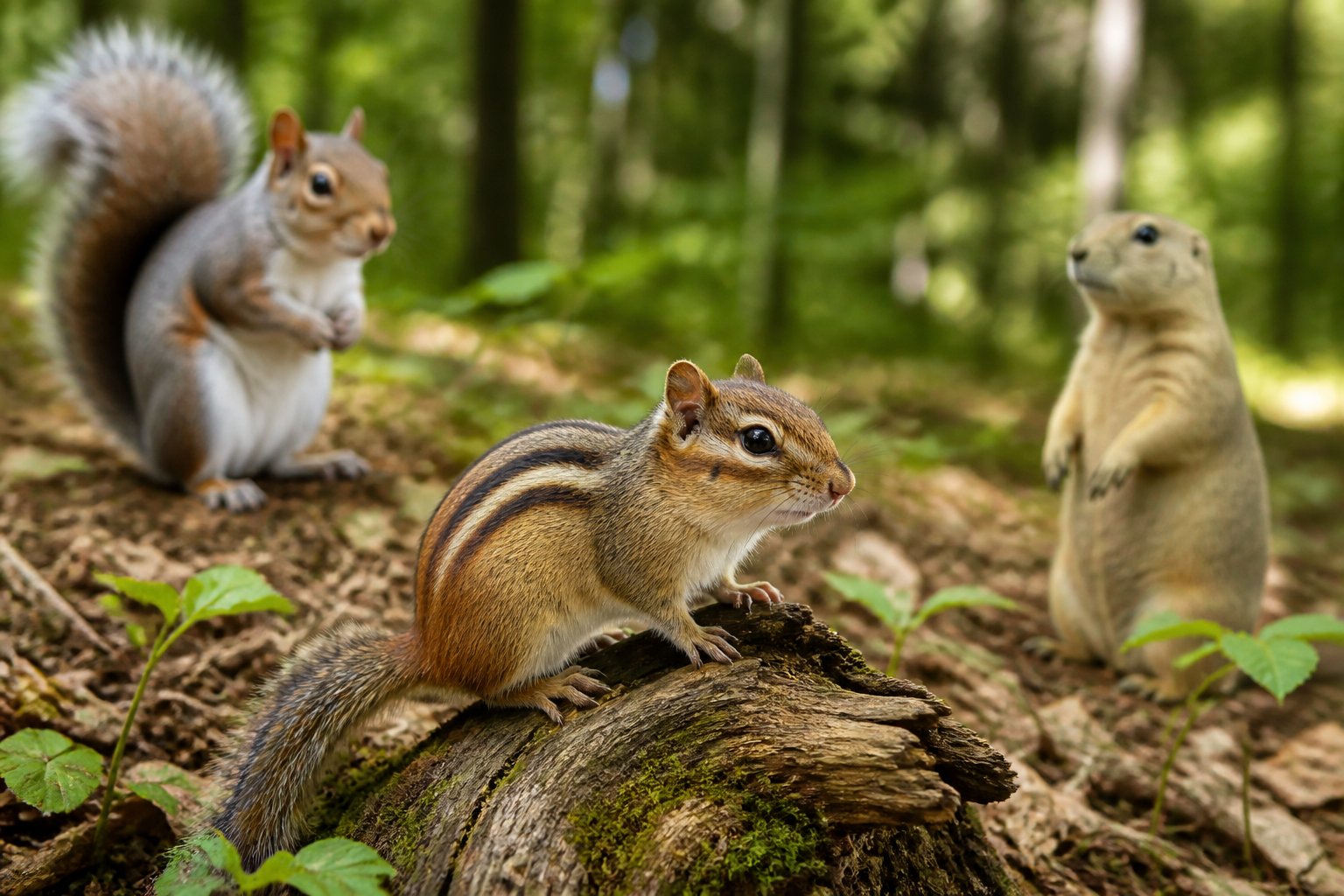 A chipmunk sitting on a tree branch with a squirrel and a prairie dog nearby in a forest setting.