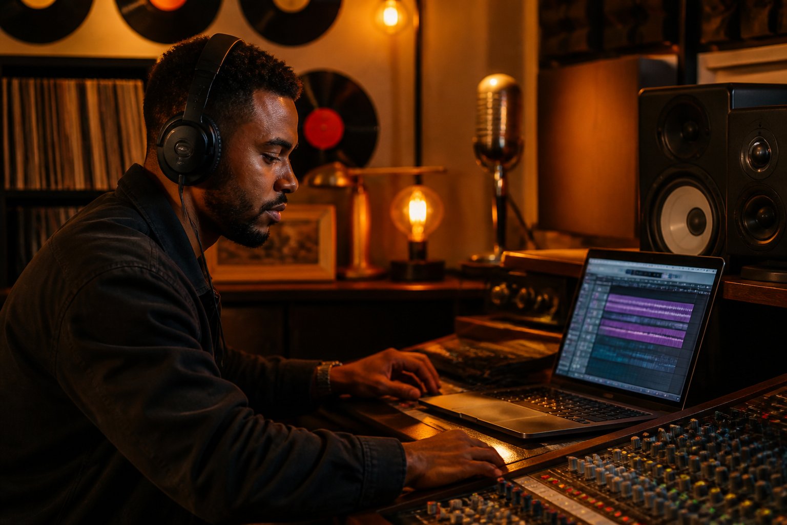 A music producer working in a recording studio surrounded by audio equipment and vinyl records.