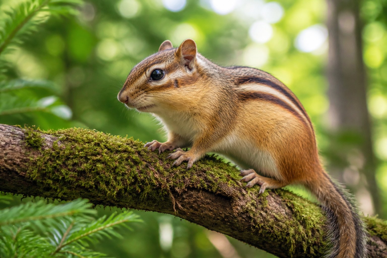 A chipmunk with stripes sitting on a mossy tree branch in a forest with green leaves and sunlight.