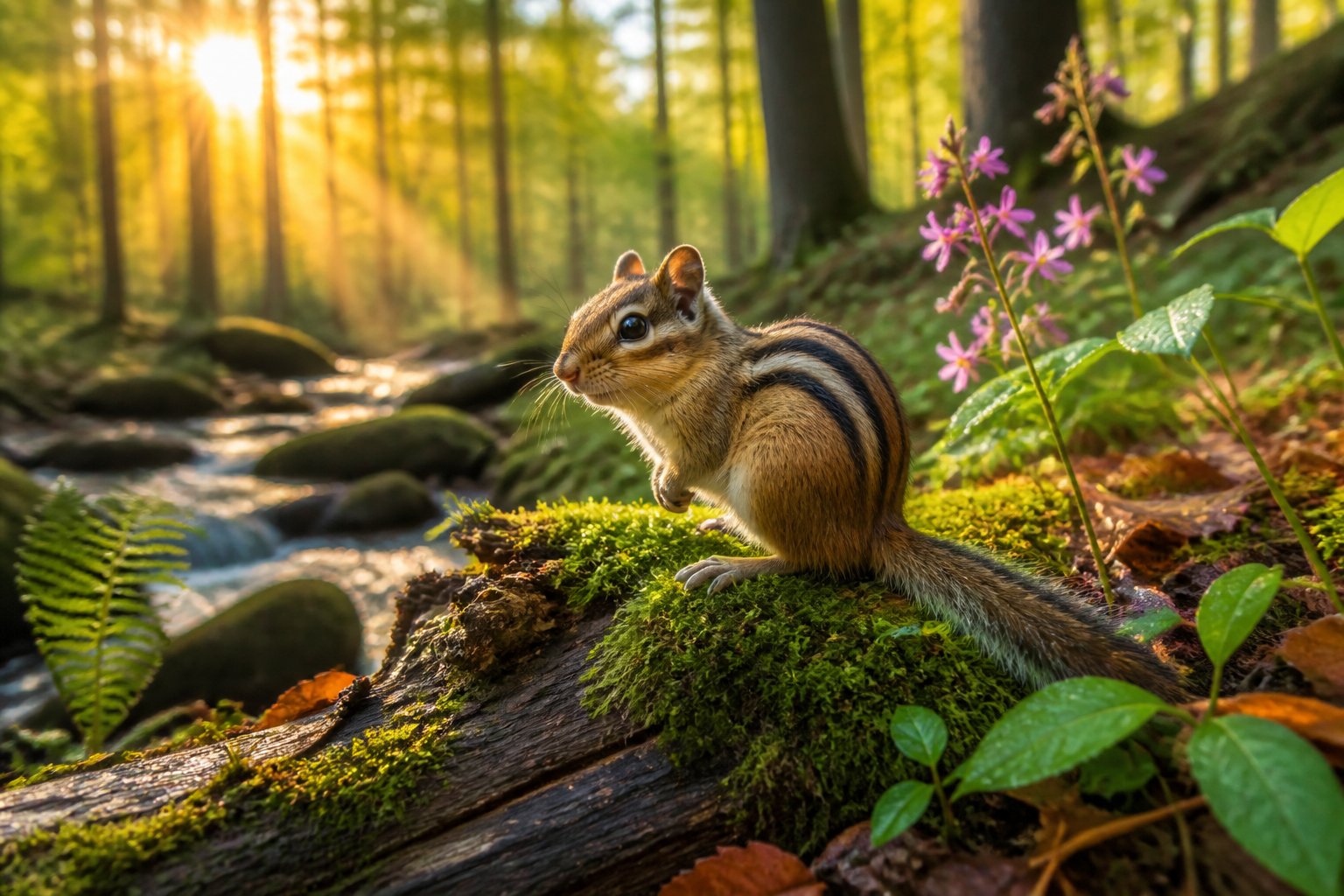 A chipmunk with stripes sitting on a mossy log in a forest with trees, wildflowers, and a small stream nearby.