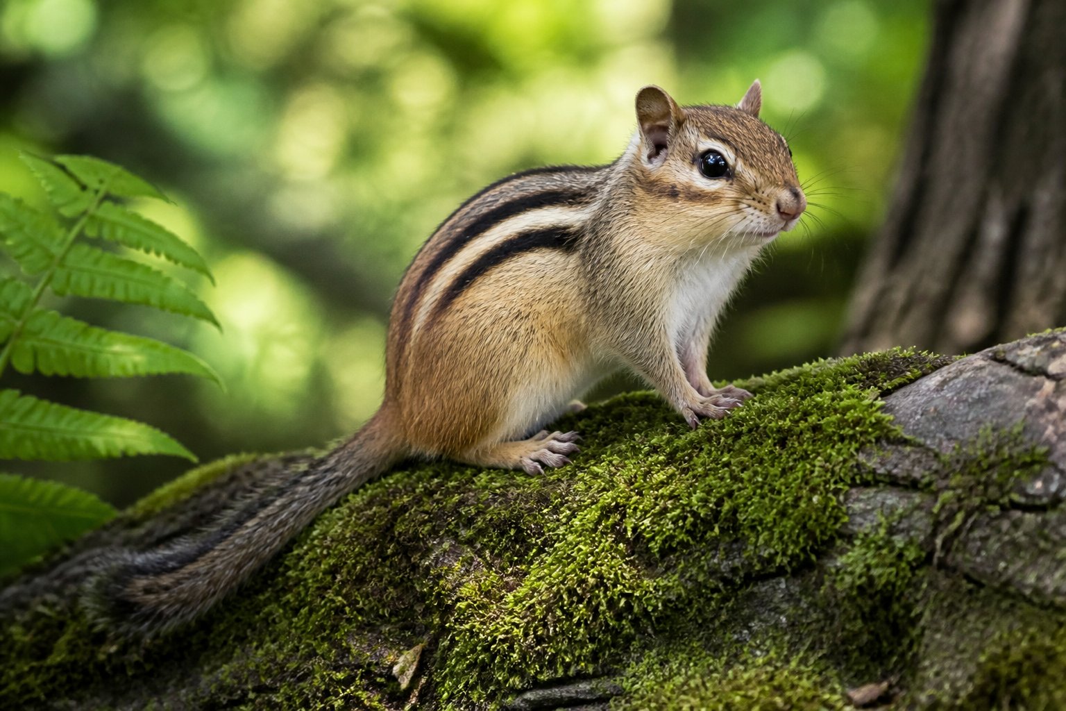 A chipmunk with stripes sitting on a mossy rock in a green forest with sunlight filtering through the trees.