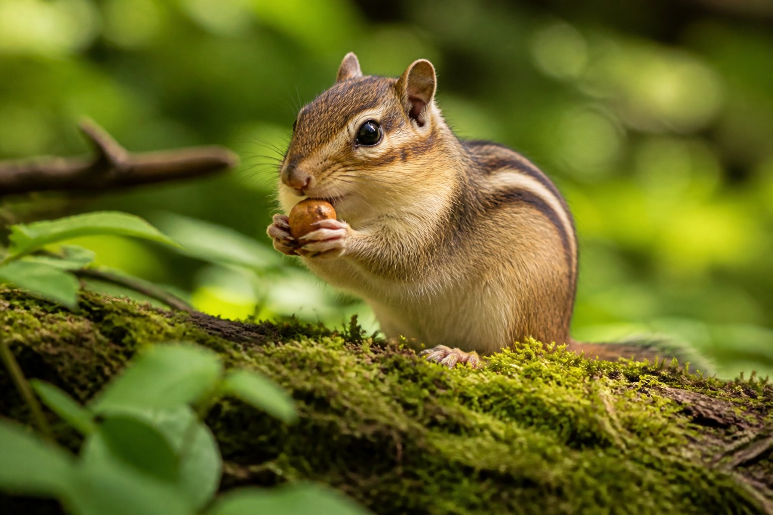 Close-up of a chipmunk sitting on a mossy log holding a nut surrounded by green leaves.