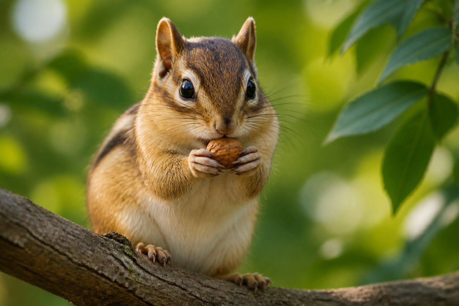 A close-up of a chipmunk holding a nut on a tree branch surrounded by green leaves.