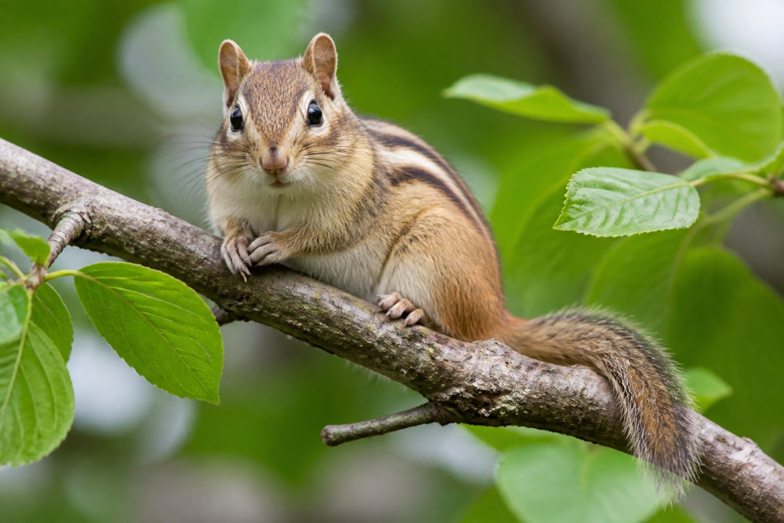 A close-up of a chipmunk sitting on a tree branch surrounded by green leaves.