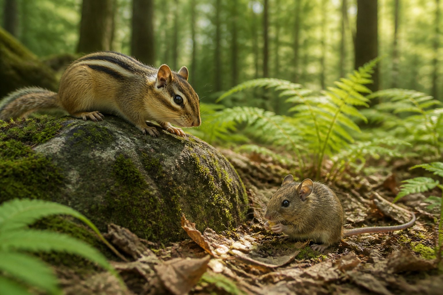 A chipmunk and a mouse are close to each other on the forest floor surrounded by plants and sunlight.
