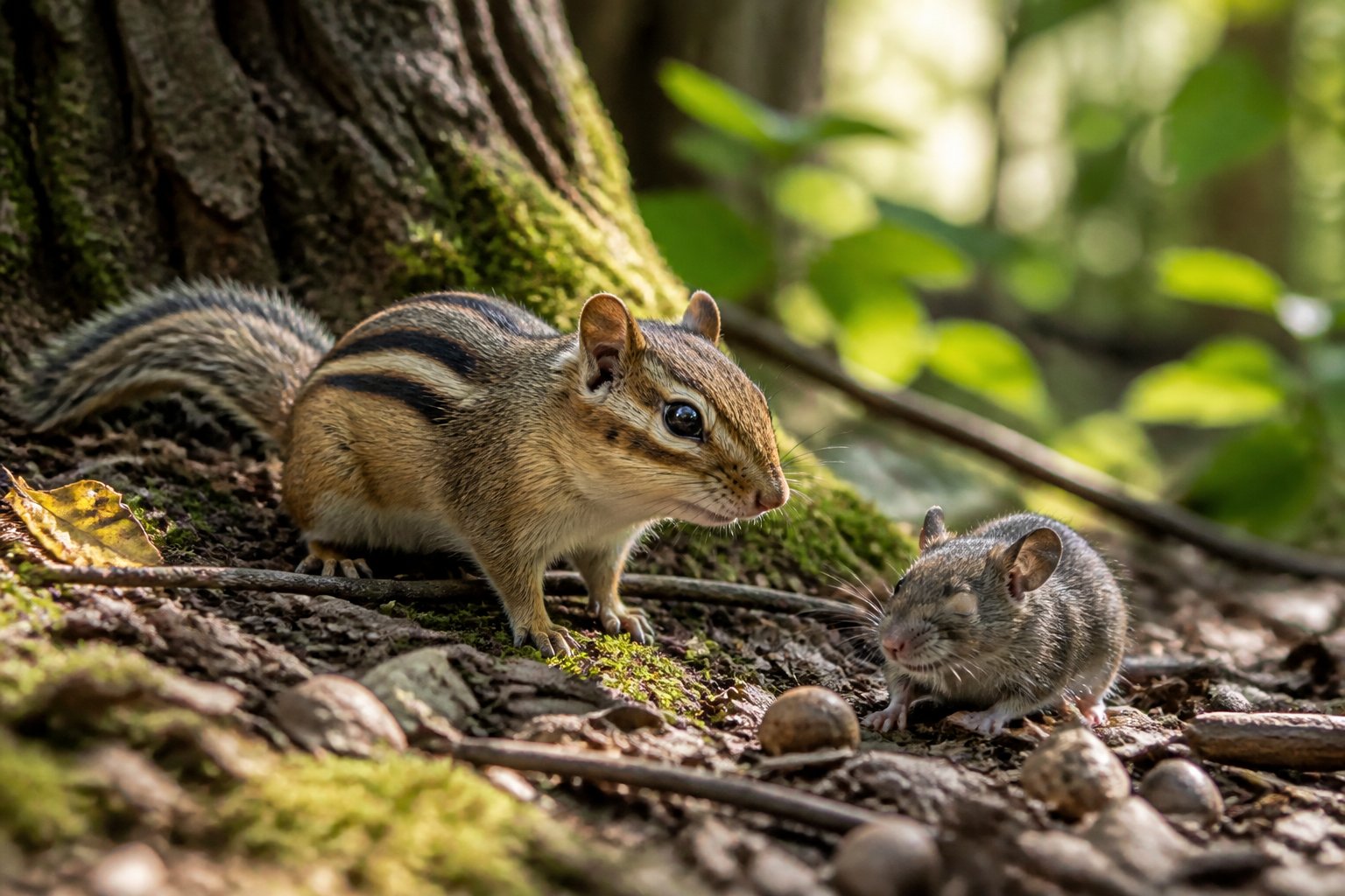 A chipmunk and a mouse on a forest floor surrounded by leaves and green plants.