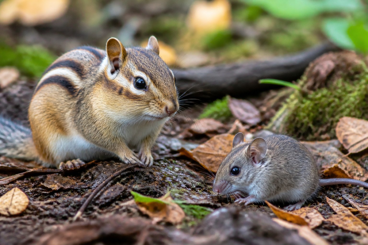 A chipmunk and a mouse close together on the forest floor surrounded by leaves and plants.