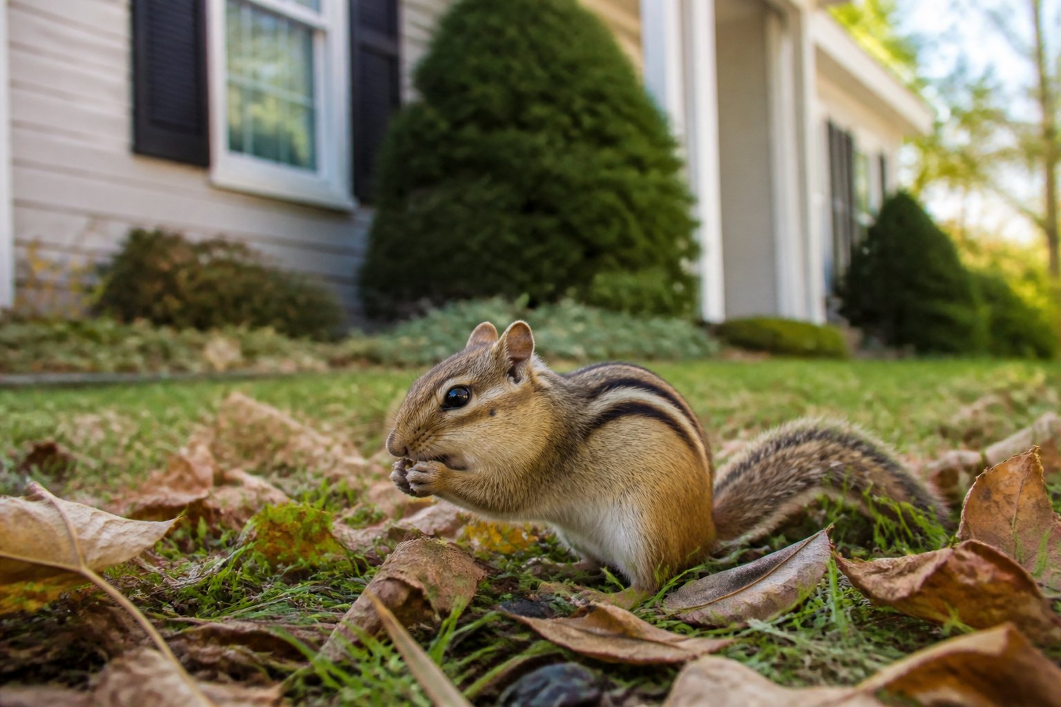 A chipmunk foraging on the ground near a suburban house with fallen leaves and grass around it.