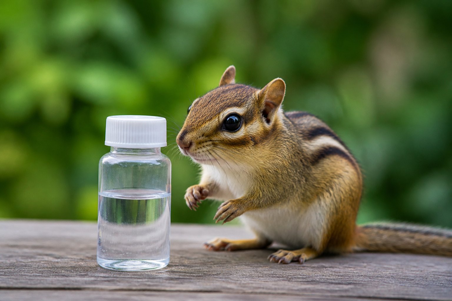 A chipmunk sitting on a wooden surface near a small clear container, surrounded by green foliage.