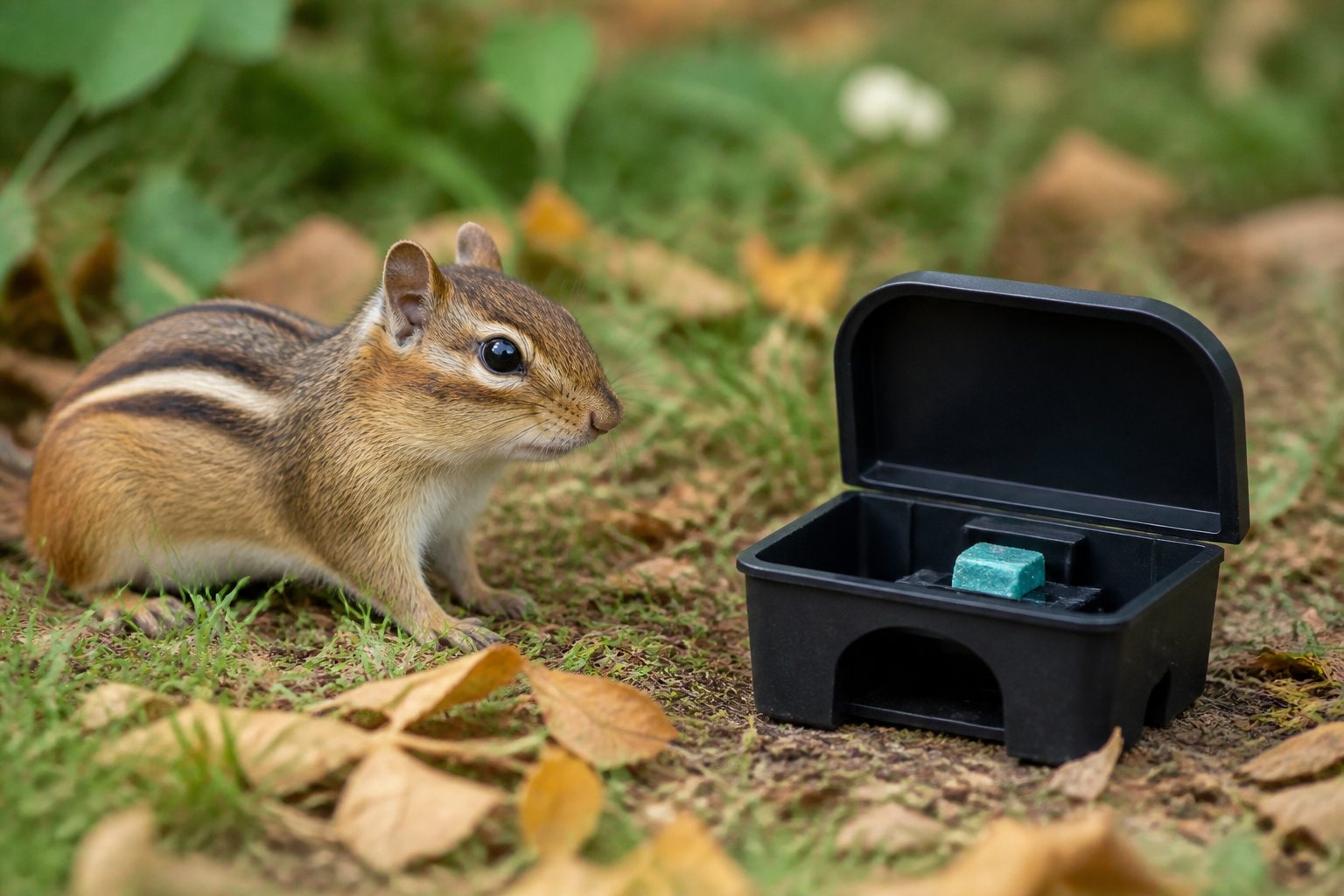 A chipmunk cautiously approaches a rodent bait station on the ground in a grassy outdoor area.