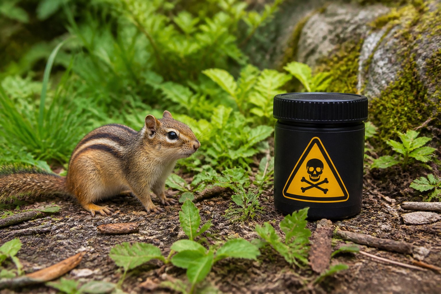 A chipmunk near a small container with a hazard symbol in a grassy outdoor setting.