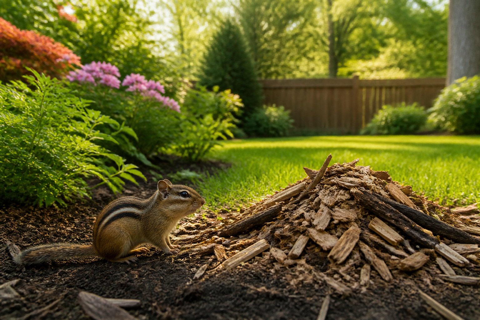 A chipmunk in a backyard garden near wood chips and plants with a wooden fence in the background.