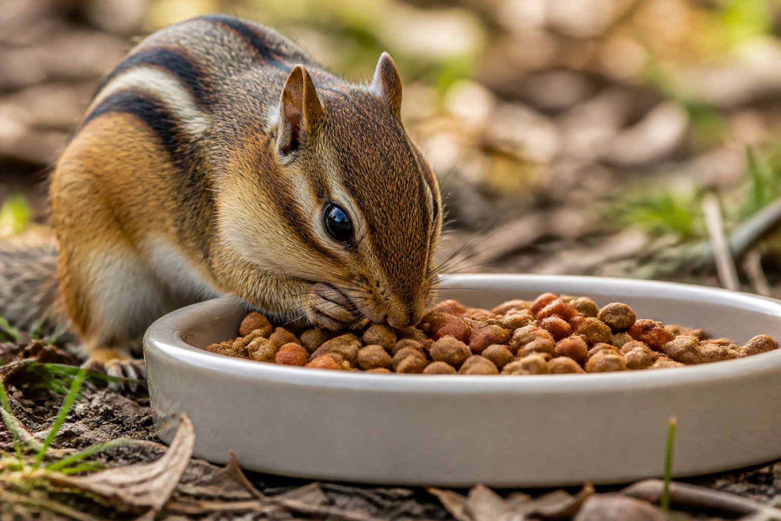 A chipmunk eating dry cat food from a shallow bowl outdoors on natural ground.