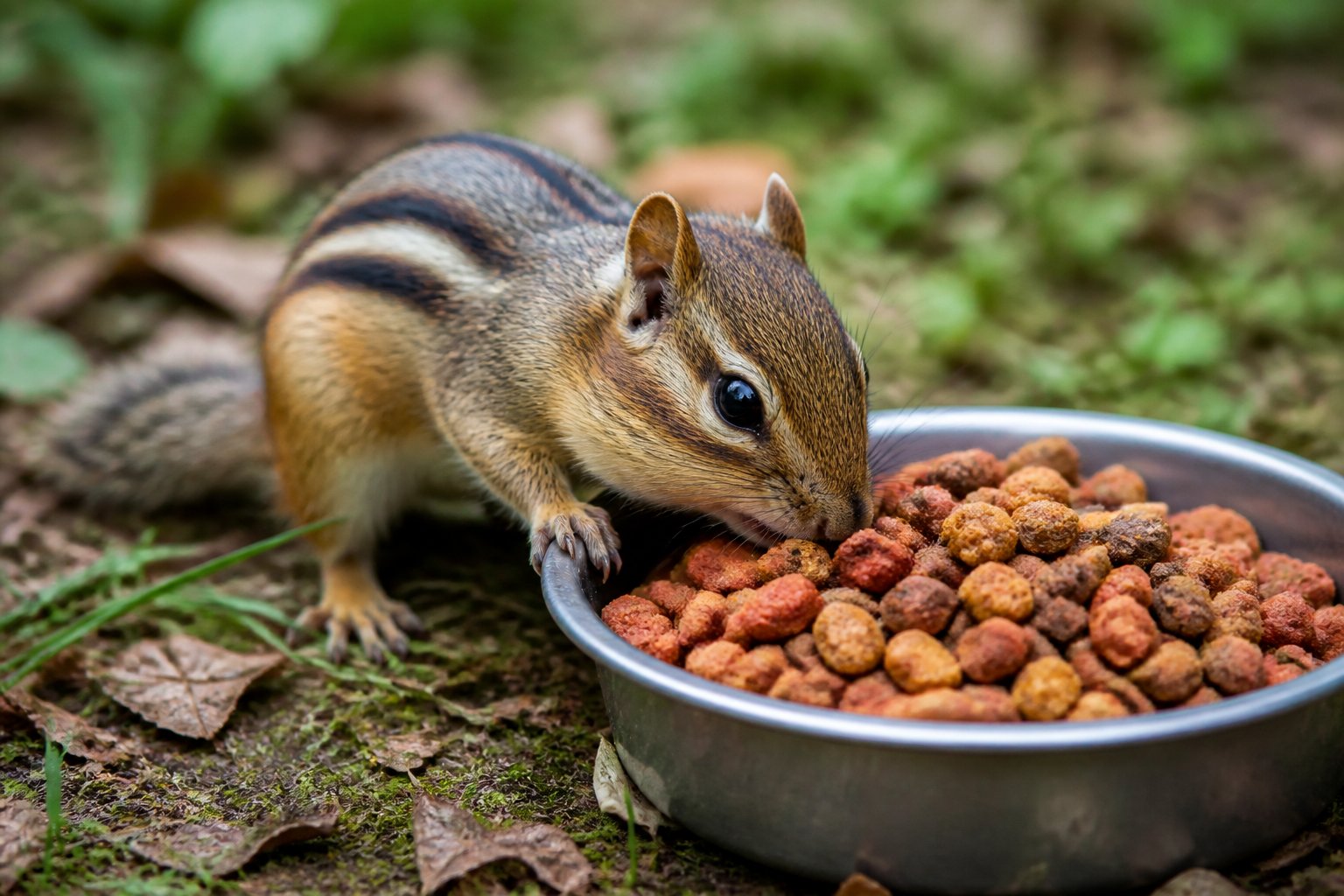 A chipmunk eating dry cat food from a bowl outdoors on grass.