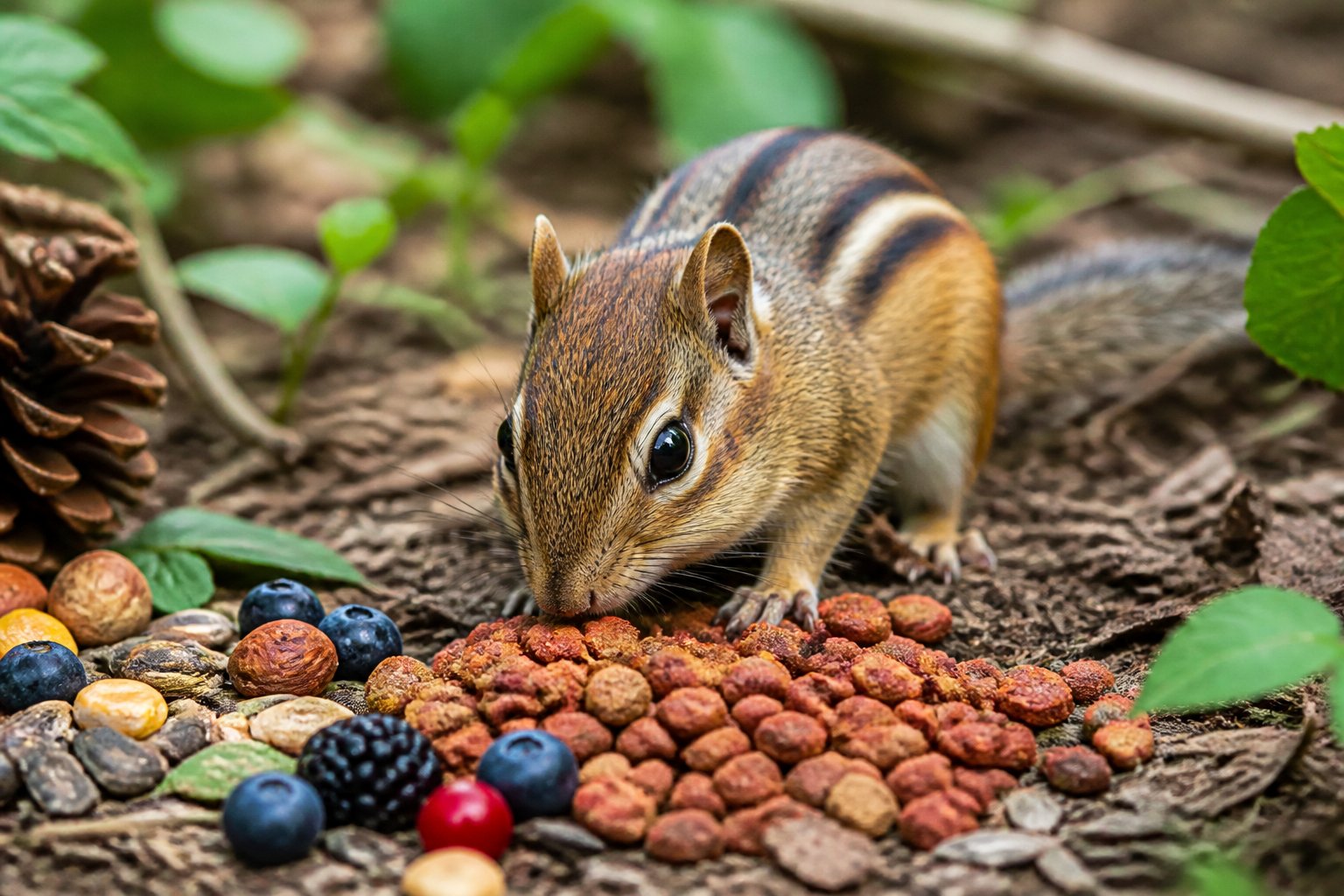 A chipmunk on the forest floor eating dry cat food pellets with seeds and nuts nearby.