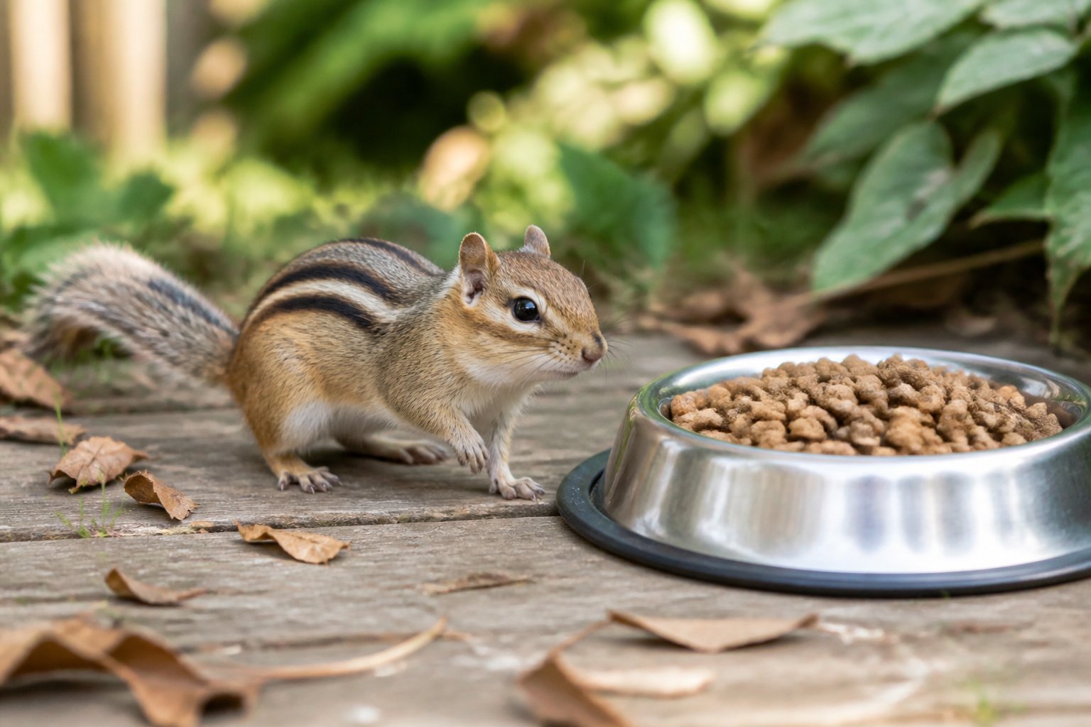 A chipmunk near a bowl of dry cat food outdoors on a wooden surface surrounded by leaves and grass.