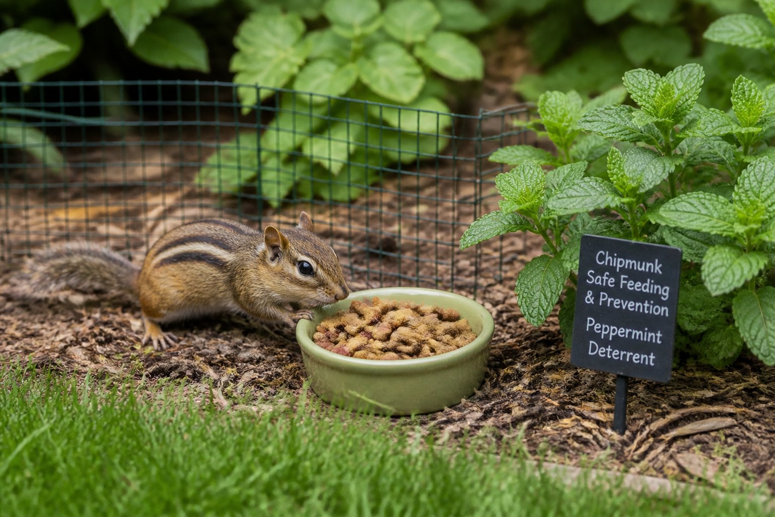 A chipmunk near a dish of cat food in a backyard garden with plants and a small wire mesh barrier.