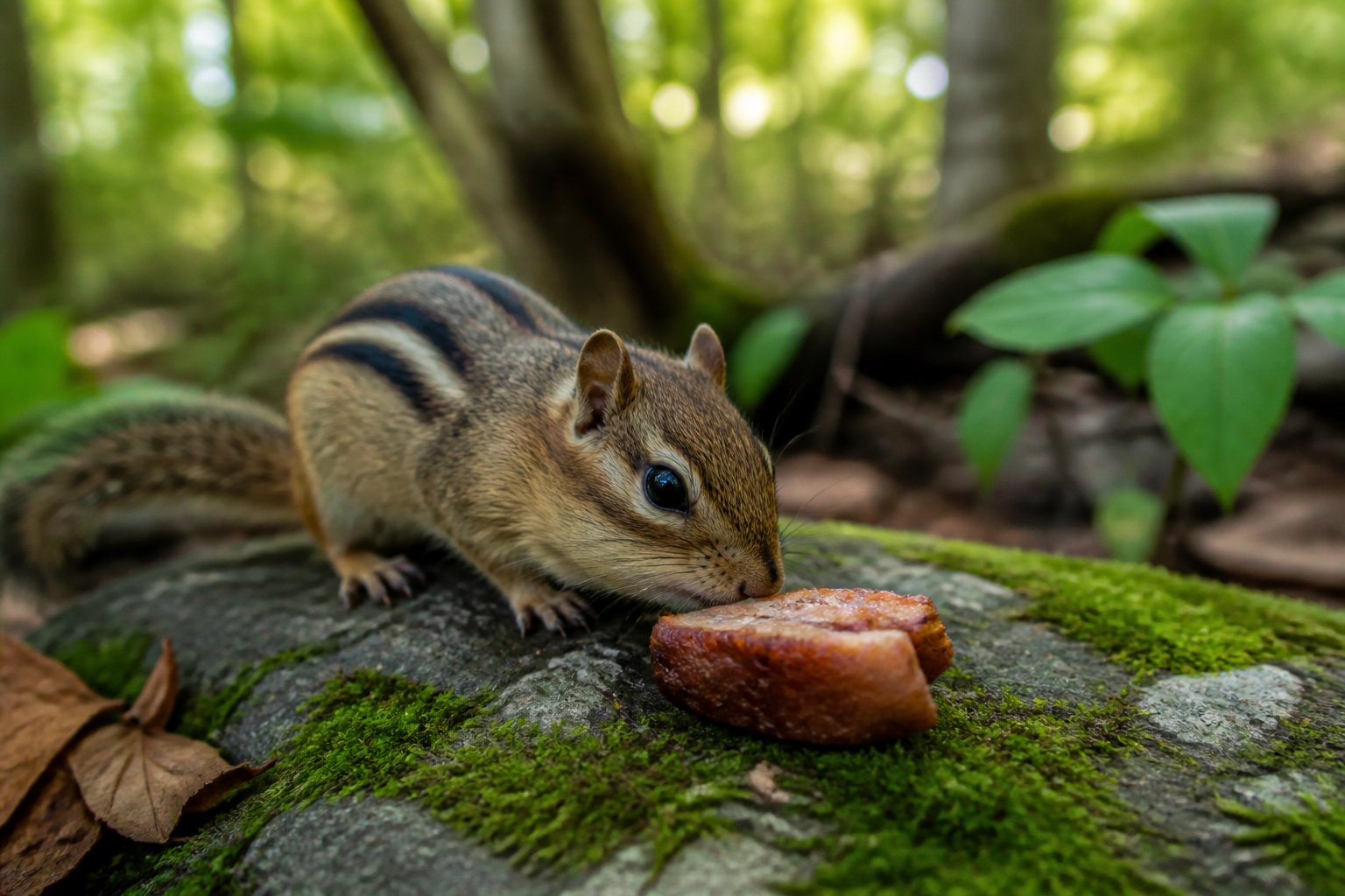 A chipmunk sniffing a small piece of cooked meat on a rock in a forest.