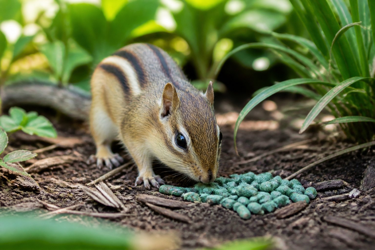 A chipmunk sniffing near small pellets of rat bait on the forest floor surrounded by leaves and greenery.